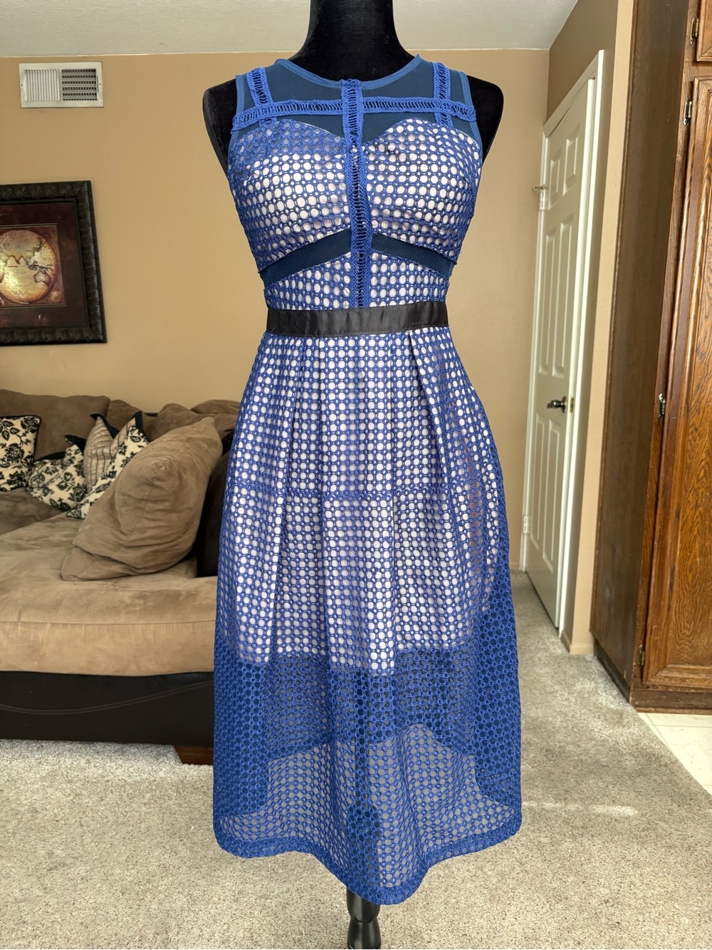 Blue Lace Overlay Midi Dress - Sheer Geometric Design size Medium